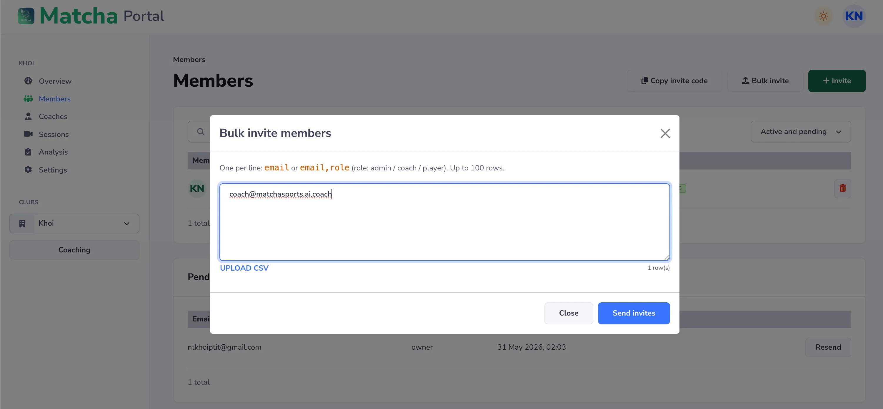 The Bulk Invite Members dialog: enter one email per line (or email,coach format) and select Send invites.