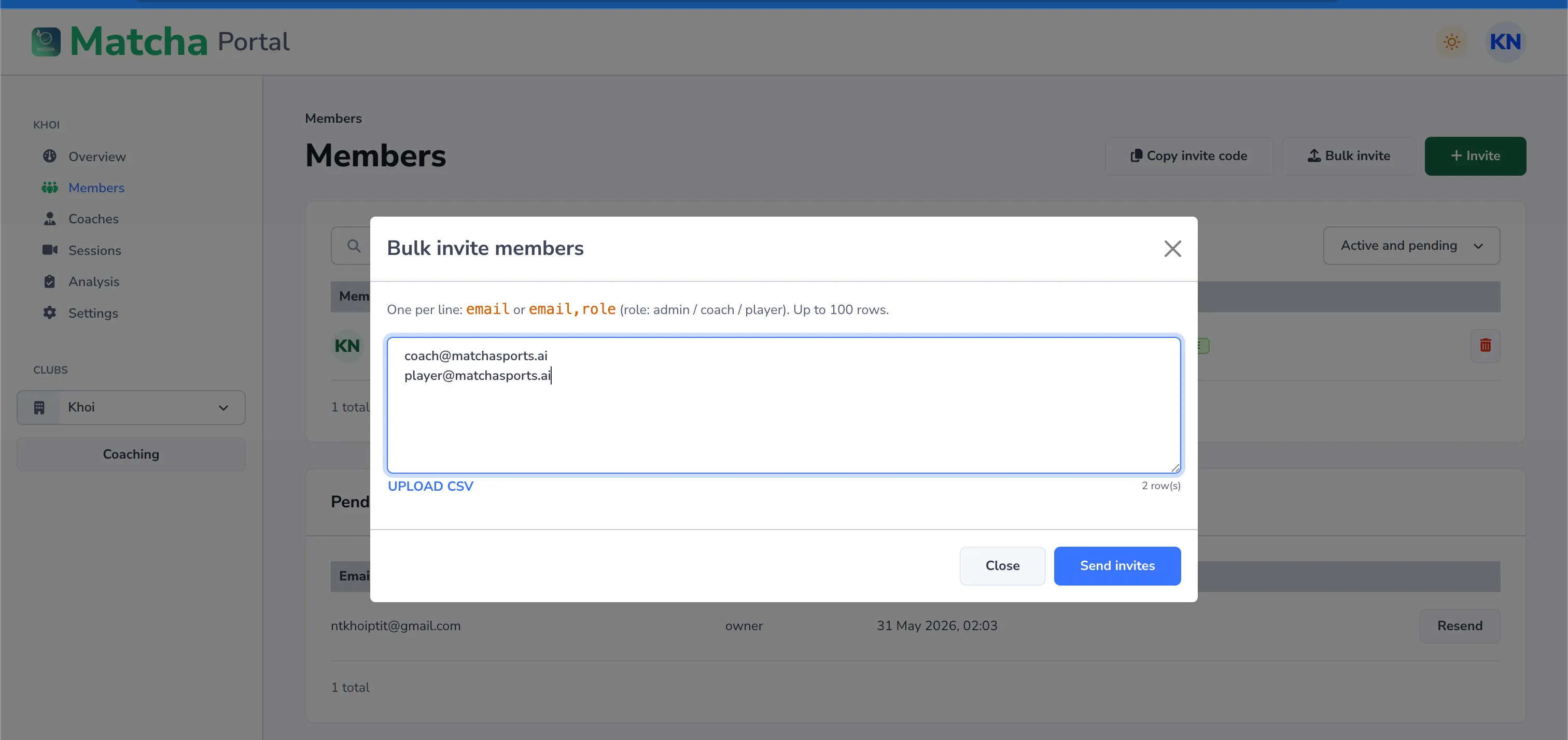The Bulk Invite Members dialog: paste player emails one per line or as email,role pairs, then select Send invites.