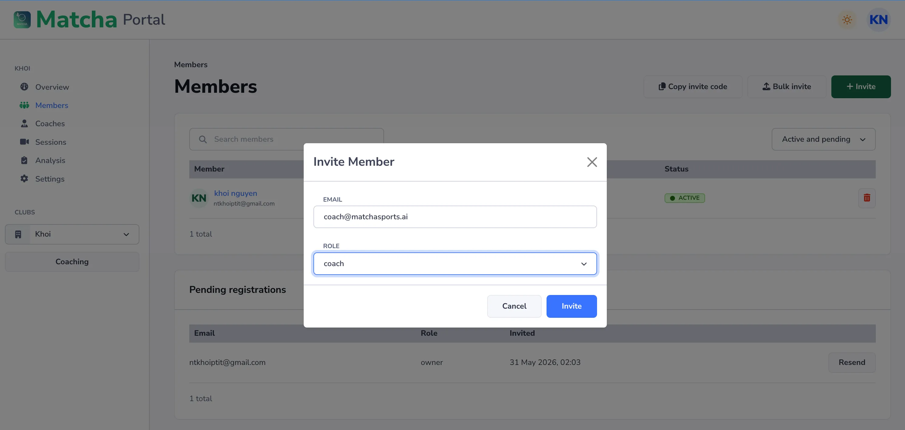 The Invite Member dialog: enter the coach’s email address and set the Role dropdown to Coach, then select Invite.