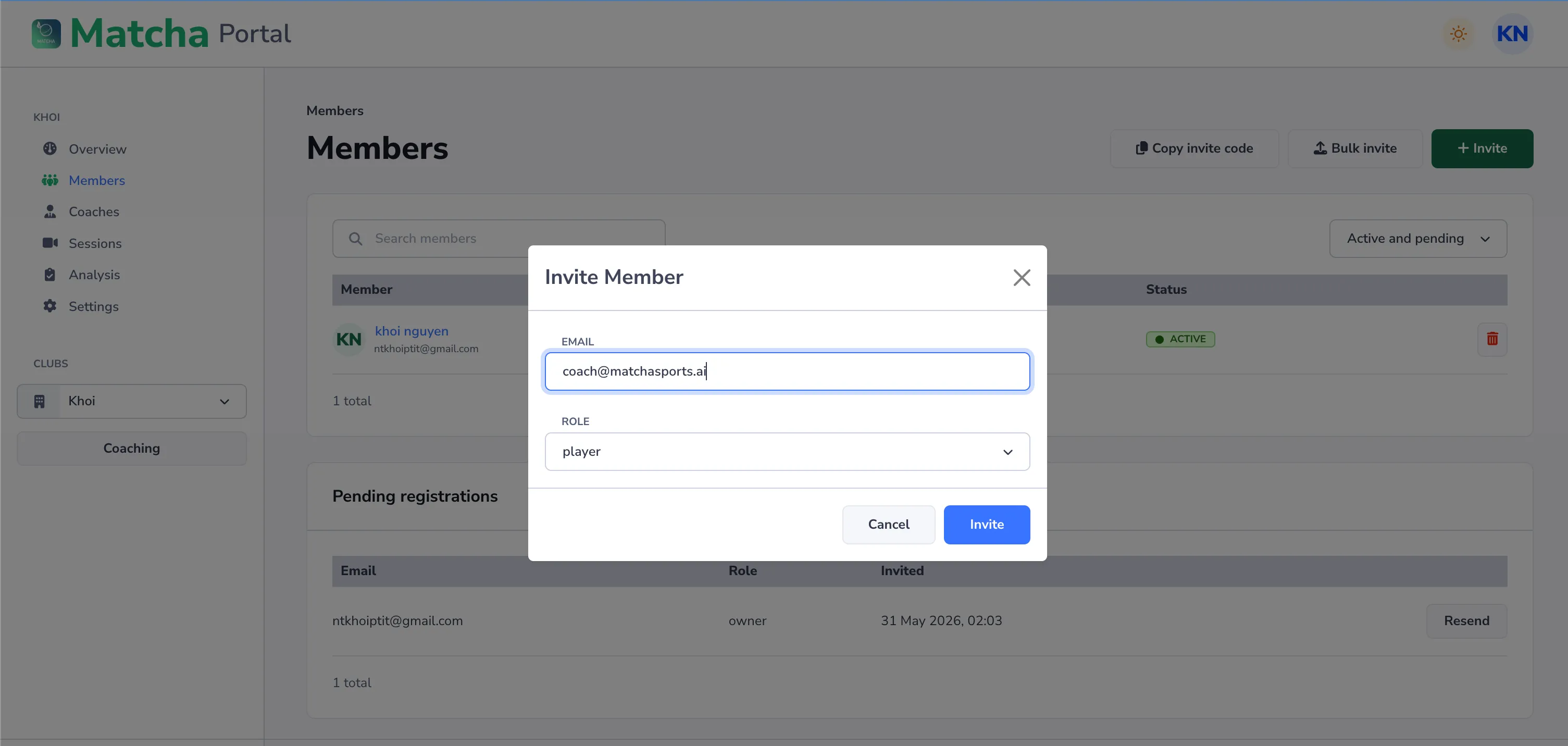 The Invite Member dialog: enter the player’s email address and set the Role dropdown to Player, then select Invite.