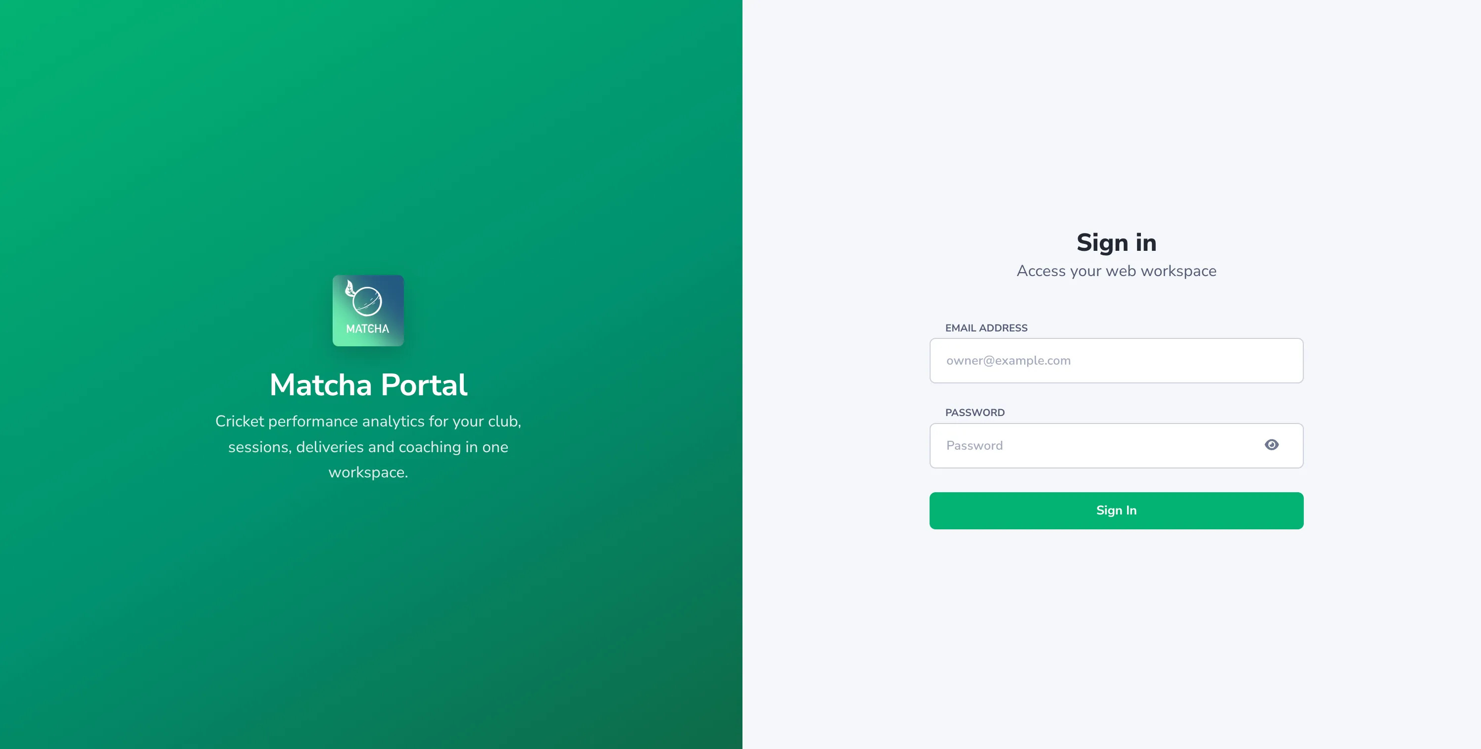 The Matcha Portal sign-in screen: enter the email your invite was sent to and your password, then select Sign In.