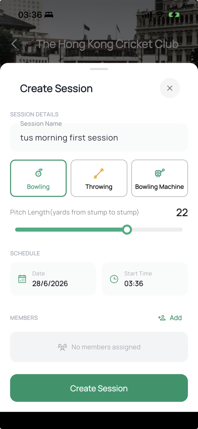 The Create Session sheet in the app: a session name field, session-type options (Bowling, Throwing, Bowling Machine), a pitch-length slider, a schedule date and start time, and a Members section.