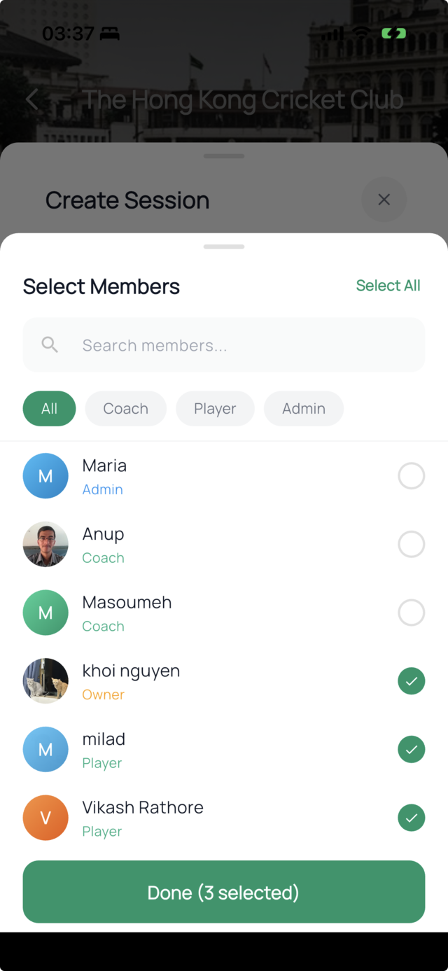 The member picker: a searchable, multi-select list of club members with role filters, used to choose who takes part in the session.