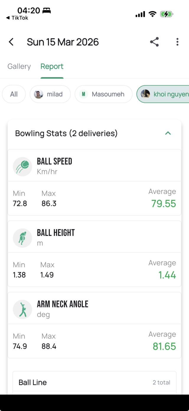 The Report tab in Session Info: a row of player selector chips above bowling-stats KPI cards for Ball Speed, Ball Height, and Arm Neck Angle, each with min, max, and average.