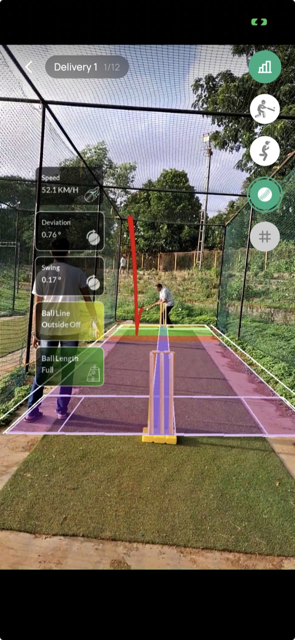 Ball tracking layer: the ball's path and pitch zones are drawn on the pitch, with labels for Speed 52.1 KM/H, Deviation 0.76 degrees, Swing 0.17 degrees, Ball Line Outside Off, and Ball Length Full.
