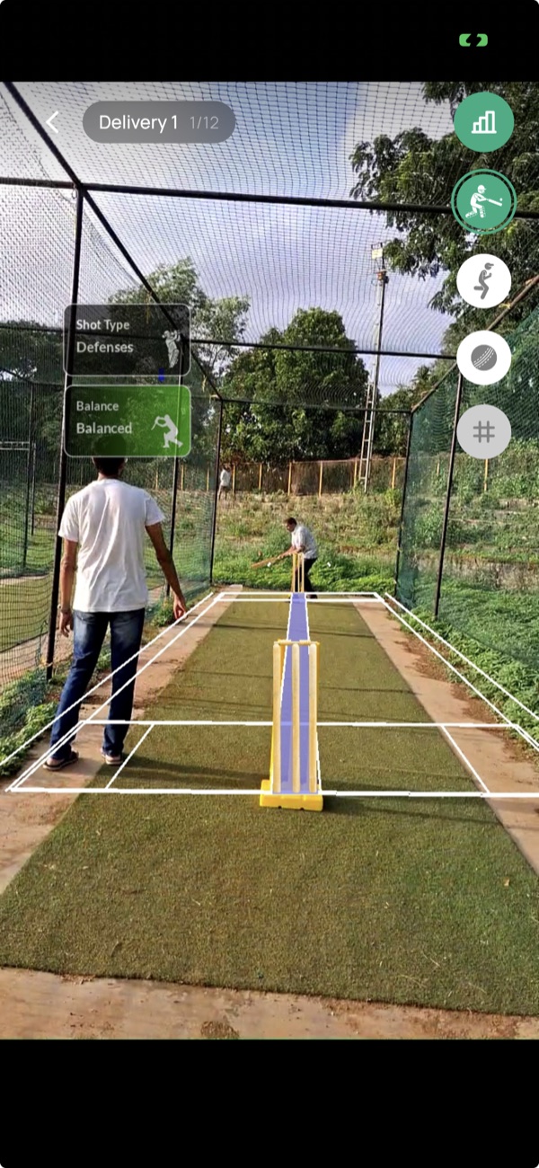 Batting analysis layer: the batter is highlighted on the pitch with labels reading Shot Type Defenses and Balance Balanced.