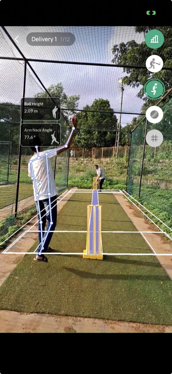 Bowling analysis layer: a skeleton pose is drawn over the bowler at release, with labels reading Ball Height 2.09 m and Arm Neck Angle 77.6 degrees.