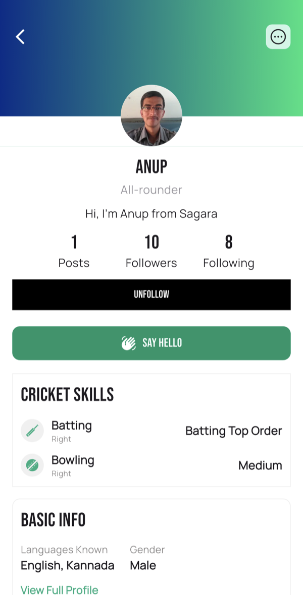 A player profile in the Matcha app: name and All-rounder role, a short bio, Posts / Followers / Following counts, Follow and Say Hello buttons, a Cricket Skills section listing batting and bowling style, and a Basic Info section.
