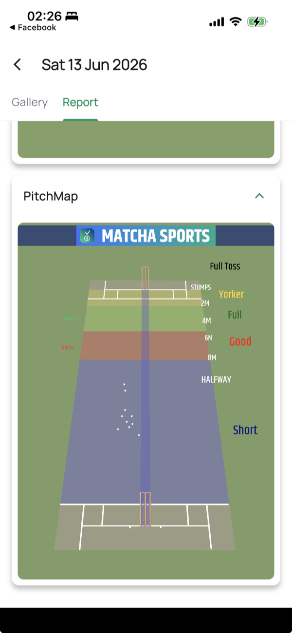 PitchMap section showing where deliveries pitched on the wicket, with length bands Full Toss, Yorker, Full, Good and Short, distance markers from 2M to 8M, and an 80 percent / 20 percent distribution.