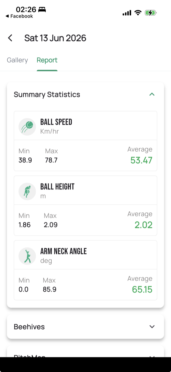 Summary Statistics card in the Report tab showing Min, Max and Average for Ball Speed (km/hr), Ball Height (m) and Arm Neck Angle (deg).