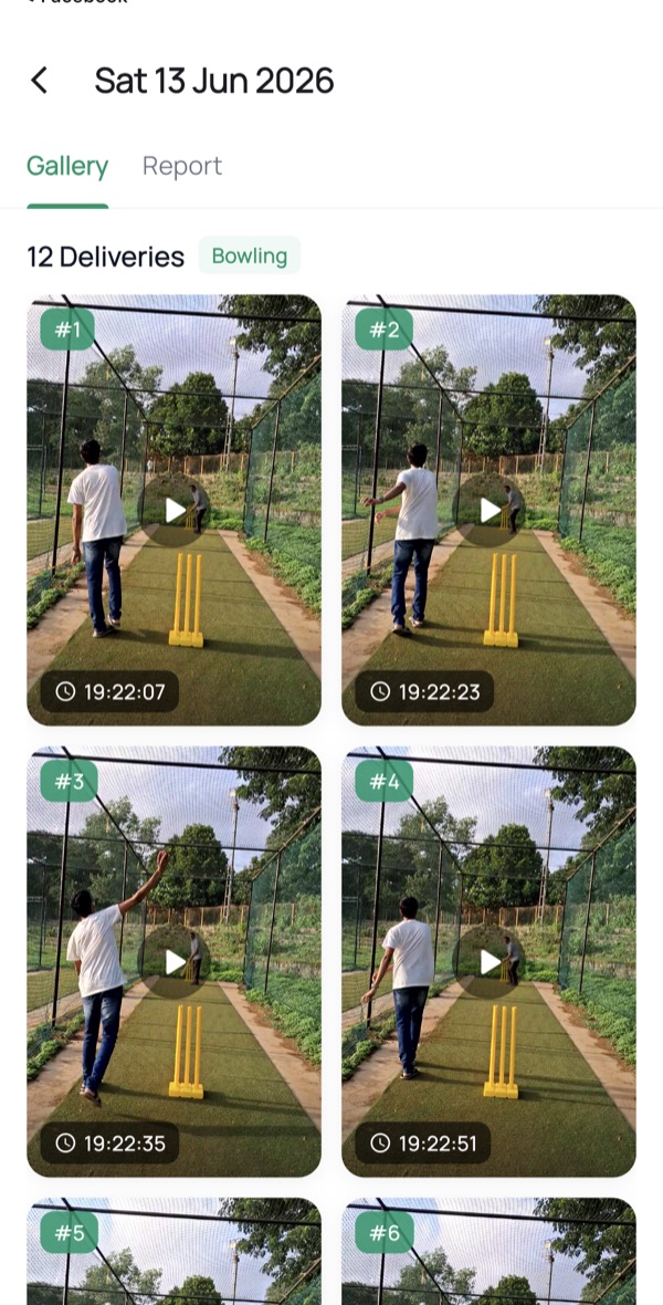 Session Gallery tab in the Matcha app: a Bowling session header reading 12 Deliveries, with a grid of numbered delivery clips, each showing a thumbnail and the time it was bowled.