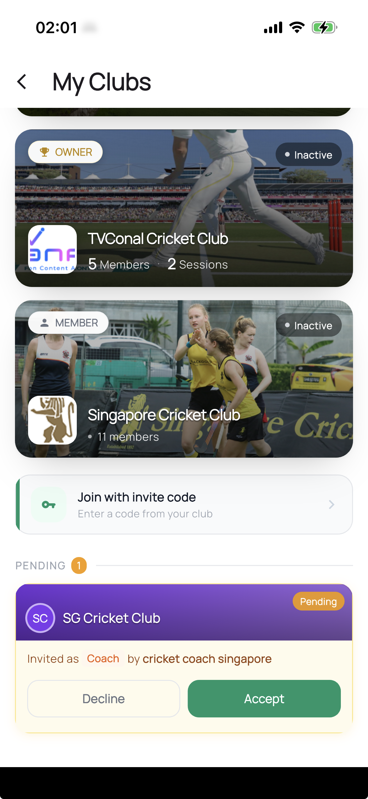 My Clubs screen in the Matcha app showing a pending SG Cricket Club invitation with Decline and Accept actions.