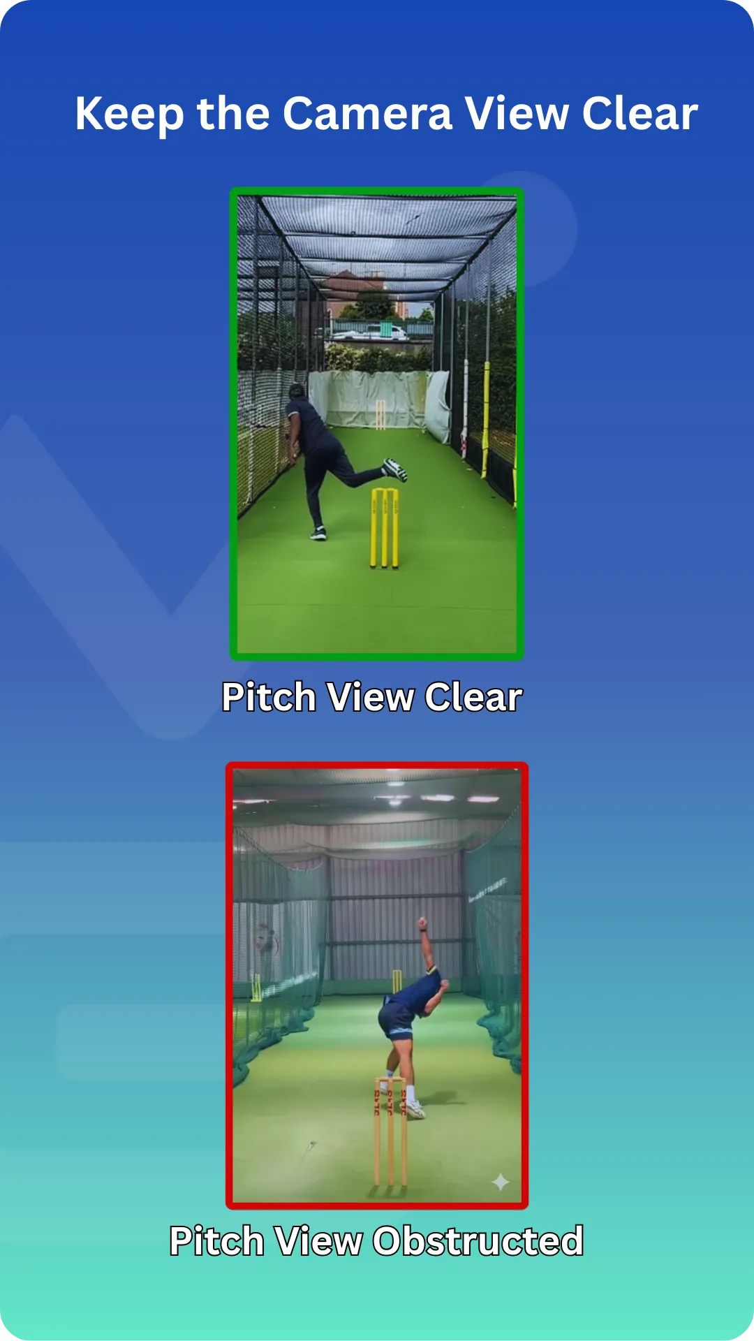 Clear-view guide showing an unobstructed cricket pitch compared with a blocked pitch view.