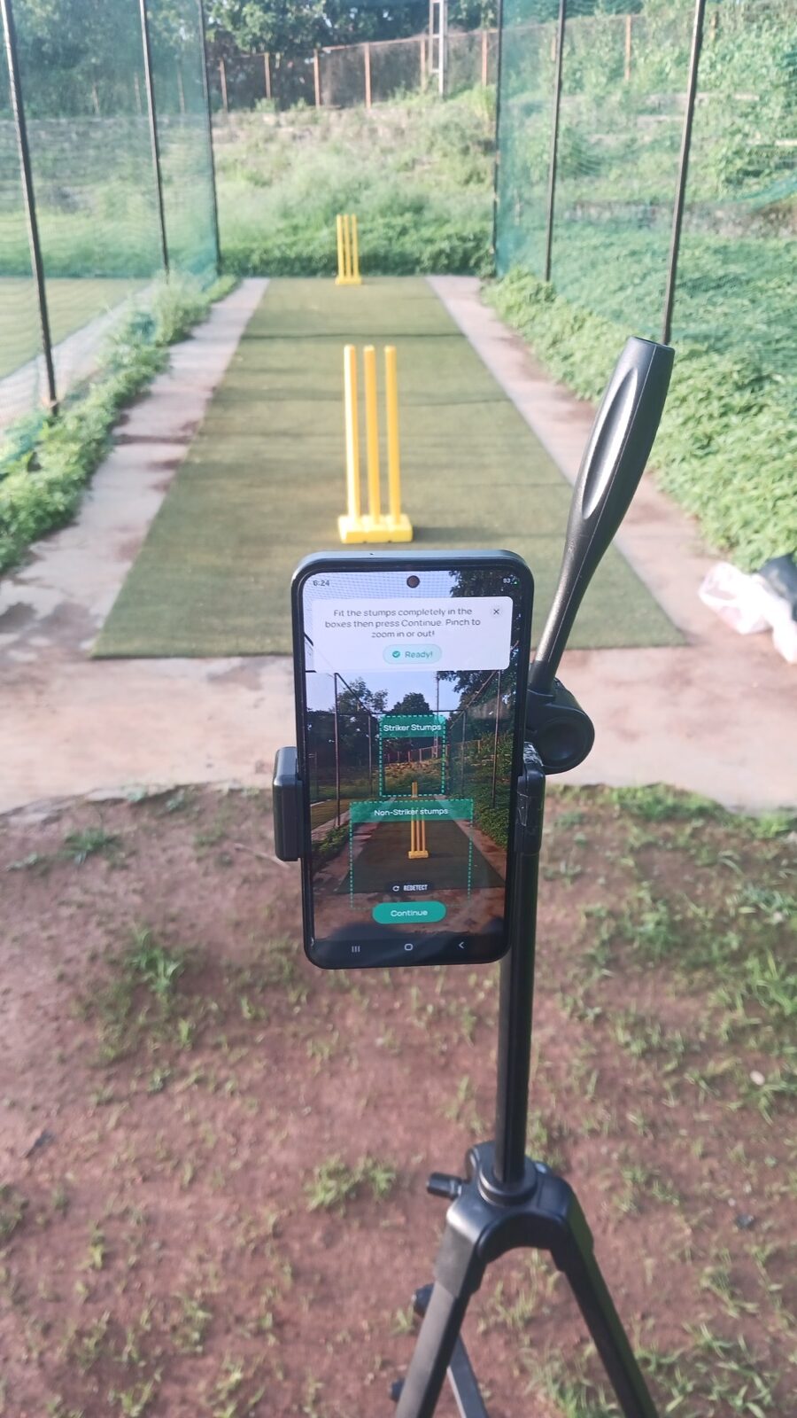 Matcha calibration screen showing boxes around the striker and non-striker stumps.