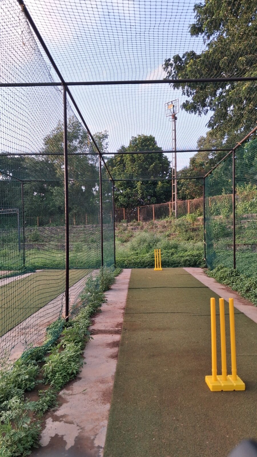 Side-offset cricket net view where the near stumps sit at the edge of the frame.